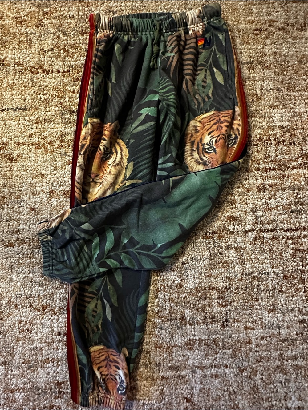 Rare Aviator Nation Green Jungle Tiger-Print Joggers with Red & Gold Stripes - Picture 2 of 6